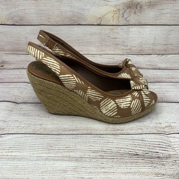 Sam Edelman Toledo Size 7.5M Brown White Textile Upper Espadrille Wedge Cork Bed - Picture 1 of 8